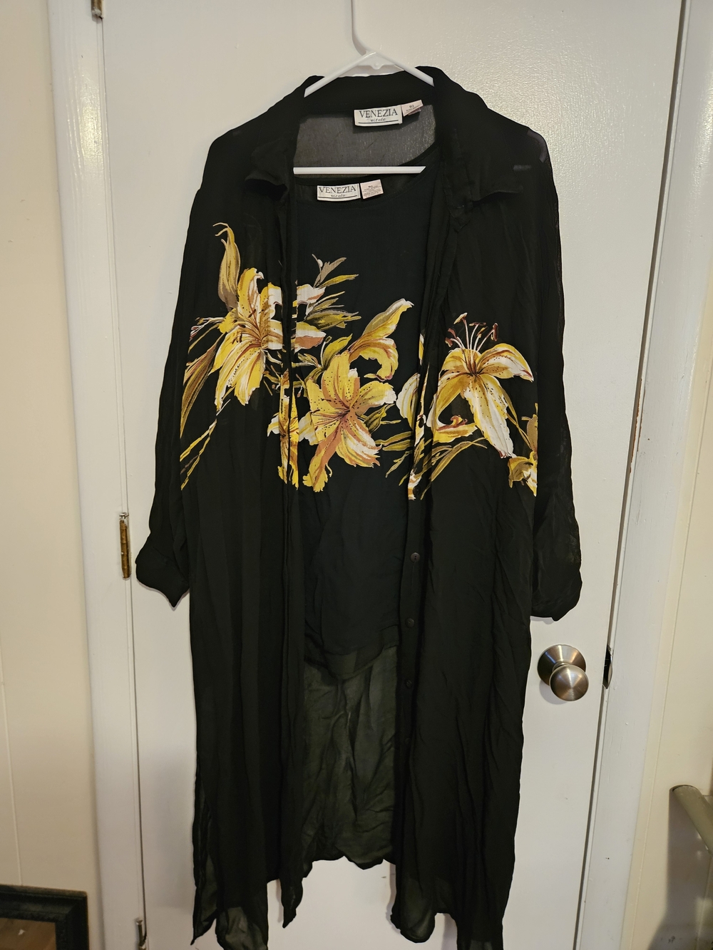 Venezia Black Sheer Kimomo And Seperate Tank with Yellow Floral Print